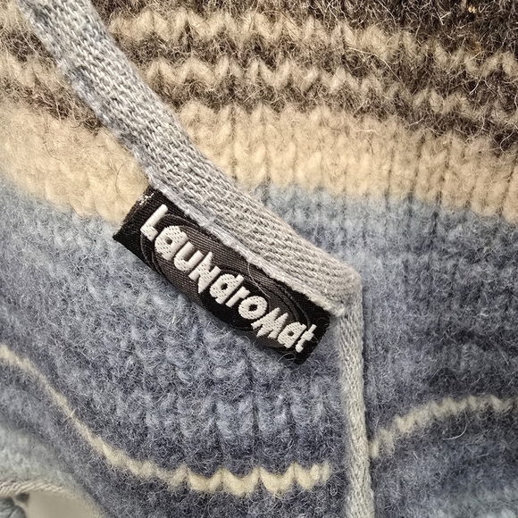 Laundromat Striped Hooded Jacket with Blue and Brown Tones 100% Wool Heavy Knit - Picture 5 of 16